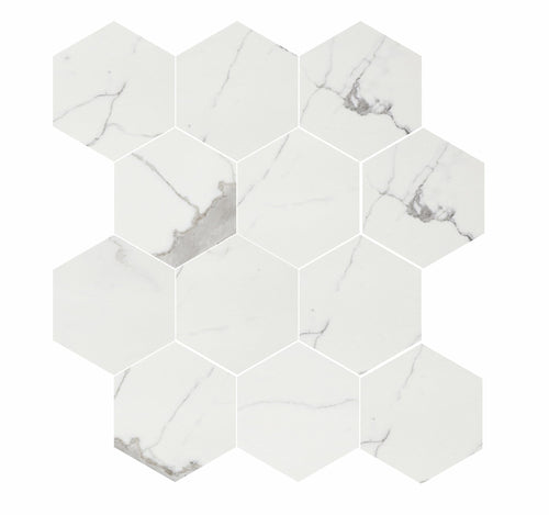 Luxury 3x3 Polished Porcelain Hexagon Mesh Mosaic Tile in Calacatta