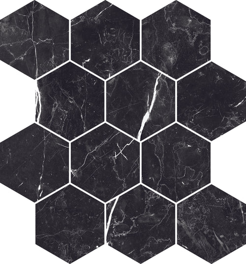 Luxury 3x3 Matte Porcelain Hexagon Mesh Mosaic Tile in Nero Marquina