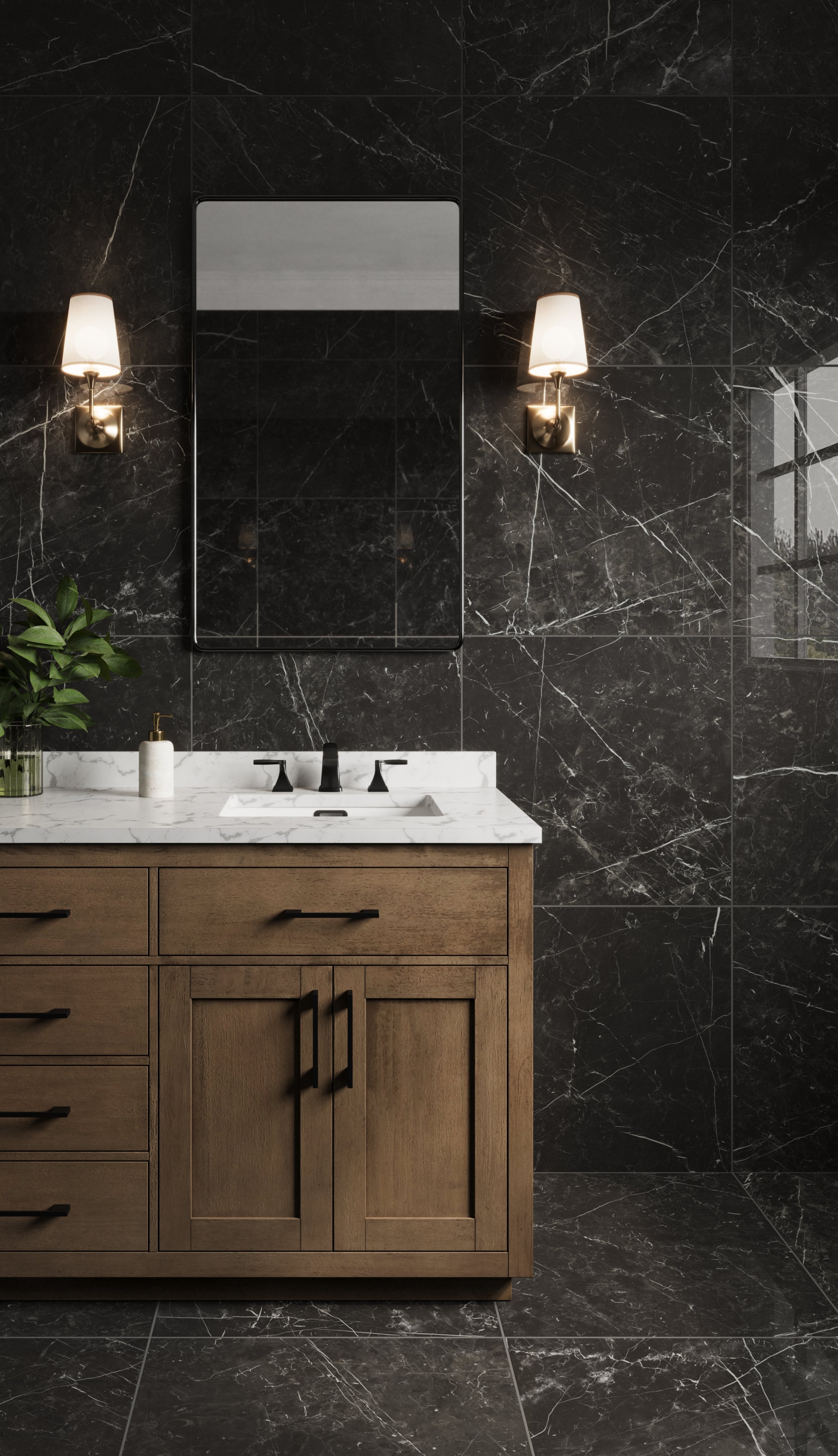 Luxury 24x24 Polished Porcelain Tile in Nero Marquina